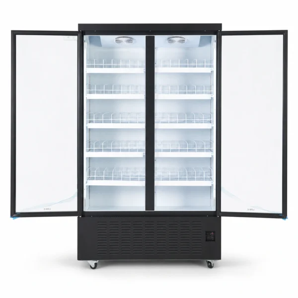 Energy-efficient upright display fridge with 1100L capacity, fan-forced cooling and adjustable shelves