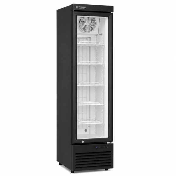 Narrow commercial freezer with glass door