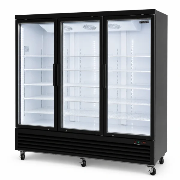 FC83_Front-right with doors closed 3 door upright display freezer with glass doors and LED lighting