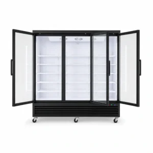 Wellquip 2090L 3 door upright display freezer FC83 front view with doors open