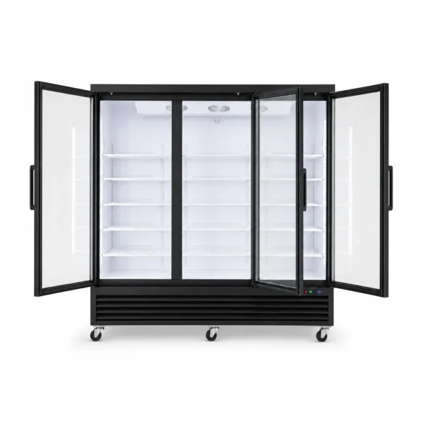 Wellquip 2090L 3 door upright display freezer FC83 front view with doors open