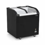 Energy-efficient glass display chest freezer with 220L capacity, LED lighting and curved sliding doors