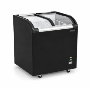 Energy-efficient glass display chest freezer with 220L capacity, LED lighting and curved sliding doors