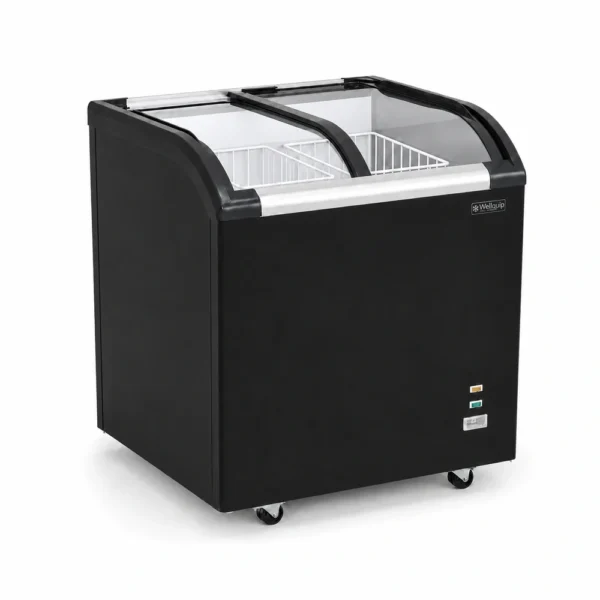 Energy-efficient glass display chest freezer with 220L capacity, LED lighting and curved sliding doors