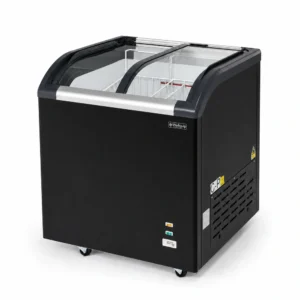 Energy-efficient glass display chest freezer with 220L capacity, LED lighting and curved sliding doors