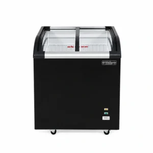 Energy-efficient glass display chest freezer with 220L capacity, LED lighting and curved sliding doors