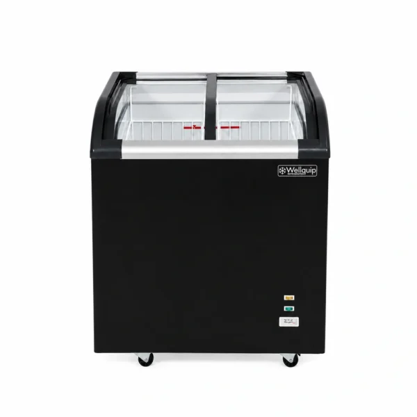 Energy-efficient glass display chest freezer with 220L capacity, LED lighting and curved sliding doors