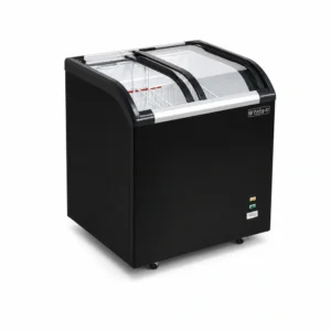 Energy-efficient glass display chest freezer with 220L capacity, LED lighting and curved sliding doors