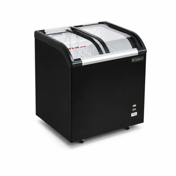 Energy-efficient glass display chest freezer with 220L capacity, LED lighting and curved sliding doors