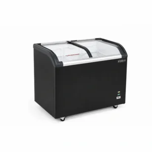 Energy-efficient glass display chest freezer with 320L capacity, LED lighting and curved sliding doors