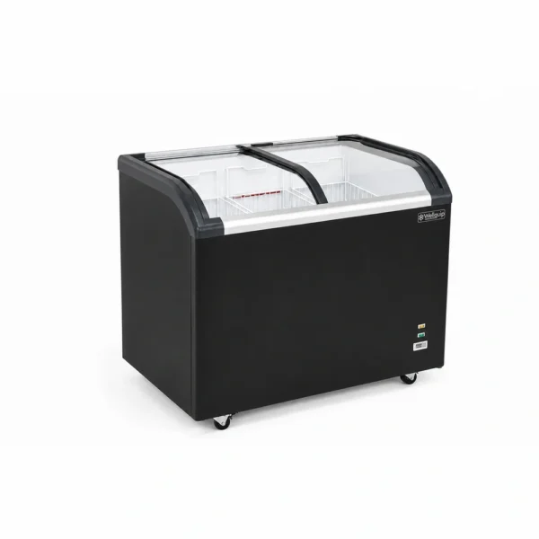 KC320_Front-left with doors closed Energy-efficient glass display chest freezer with 320L capacity, LED lighting and curved sliding doors