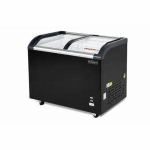 Energy-efficient glass display chest freezer with 320L capacity, LED lighting and curved sliding doors