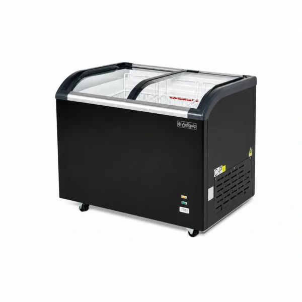Energy-efficient glass display chest freezer with 320L capacity, LED lighting and curved sliding doors