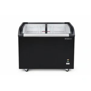 Energy-efficient glass display chest freezer with 320L capacity, LED lighting and curved sliding doors