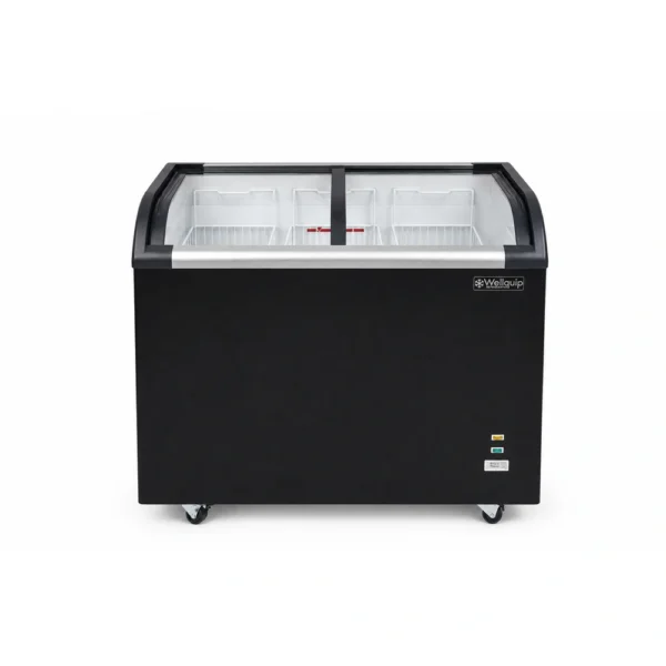 Energy-efficient glass display chest freezer with 320L capacity, LED lighting and curved sliding doors
