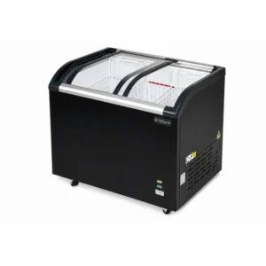 Energy-efficient glass display chest freezer with 320L capacity, LED lighting and curved sliding doors