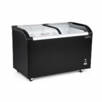 Energy-efficient glass display chest freezer with 420L capacity, LED lighting and curved sliding doors
