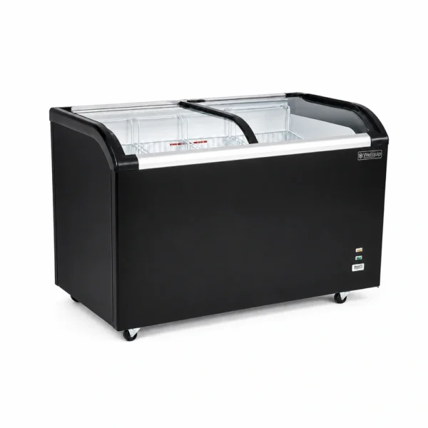Energy-efficient glass display chest freezer with 420L capacity, LED lighting and curved sliding doors