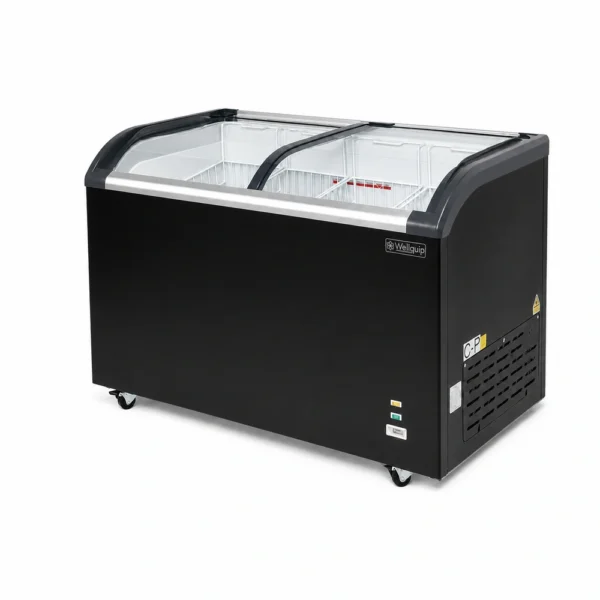 Energy-efficient glass display chest freezer with 420L capacity, LED lighting and curved sliding doors