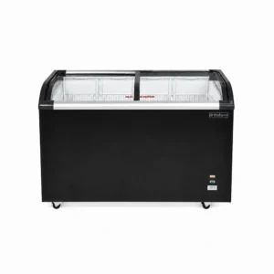 Energy-efficient glass display chest freezer with 420L capacity, LED lighting and curved sliding doors