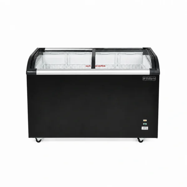 Energy-efficient glass display chest freezer with 420L capacity, LED lighting and curved sliding doors