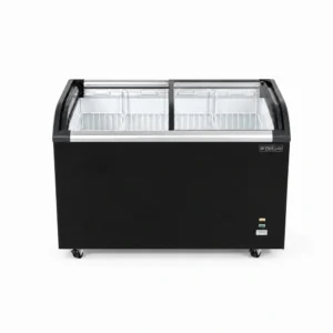 Energy-efficient glass display chest freezer with 420L capacity, LED lighting and curved sliding doors