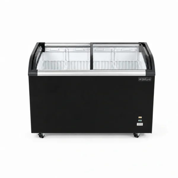 Energy-efficient glass display chest freezer with 420L capacity, LED lighting and curved sliding doors