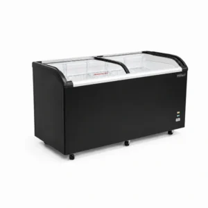Energy-efficient glass display chest freezer with 520L capacity, LED lighting and curved sliding doors
