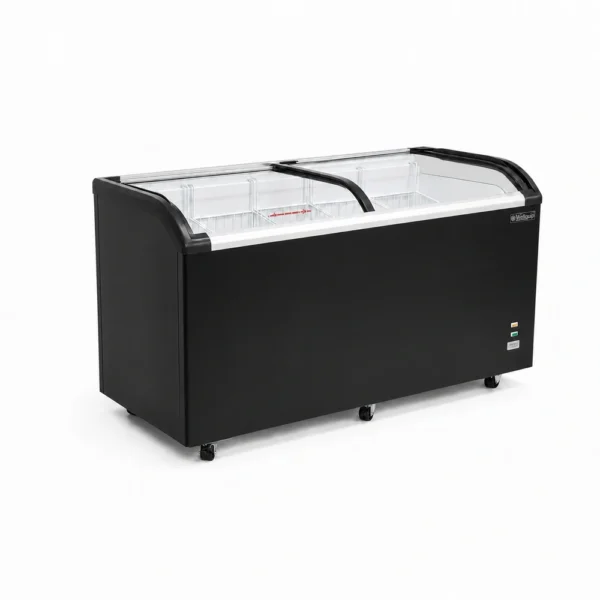 KC520_Front-left with doors closed Energy-efficient glass display chest freezer with 520L capacity, LED lighting and curved sliding doors