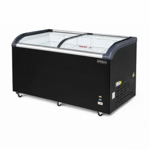 Energy-efficient glass display chest freezer with 520L capacity, LED lighting and curved sliding doors