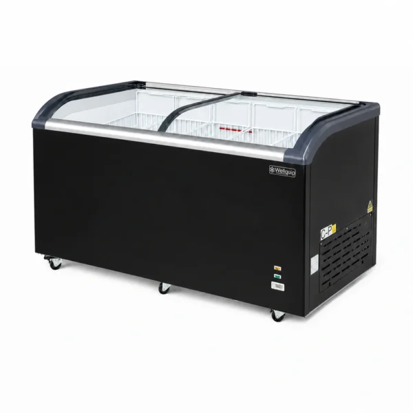 Energy-efficient glass display chest freezer with 520L capacity, LED lighting and curved sliding doors