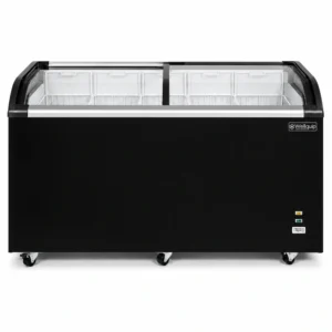 Energy-efficient glass display chest freezer with 520L capacity, LED lighting and curved sliding doors