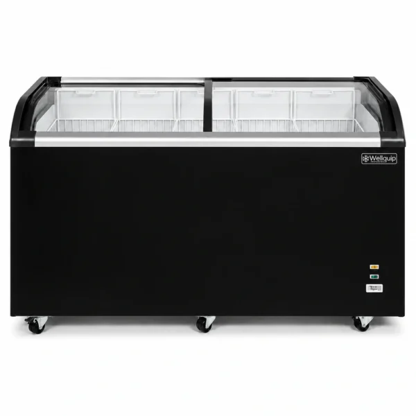 Energy-efficient glass display chest freezer with 520L capacity, LED lighting and curved sliding doors