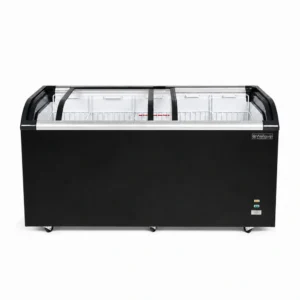 Energy-efficient glass display chest freezer with 520L capacity, LED lighting and curved sliding doors