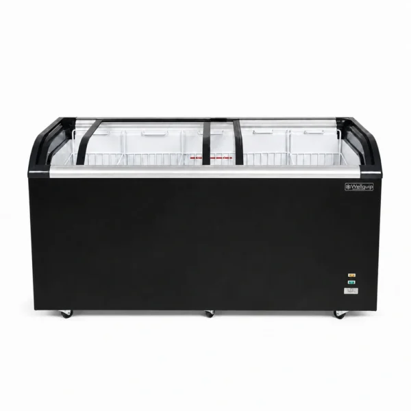 Energy-efficient glass display chest freezer with 520L capacity, LED lighting and curved sliding doors