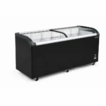 Energy-efficient glass display chest freezer with 620L capacity, LED lighting and curved sliding doors