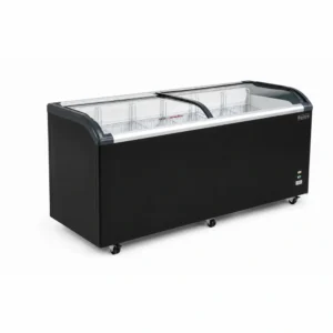 Energy-efficient glass display chest freezer with 620L capacity, LED lighting and curved sliding doors