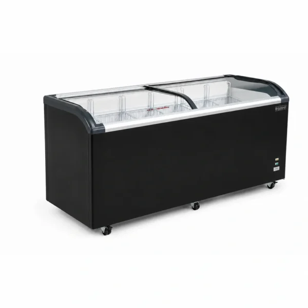 KC620_Front-left with doors closed Energy-efficient glass display chest freezer with 620L capacity, LED lighting and curved sliding doors