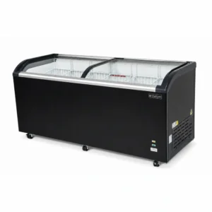 Energy-efficient glass display chest freezer with 620L capacity, LED lighting and curved sliding doors