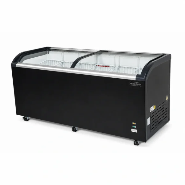 Energy-efficient glass display chest freezer with 620L capacity, LED lighting and curved sliding doors