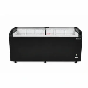 Energy-efficient glass display chest freezer with 620L capacity, LED lighting and curved sliding doors