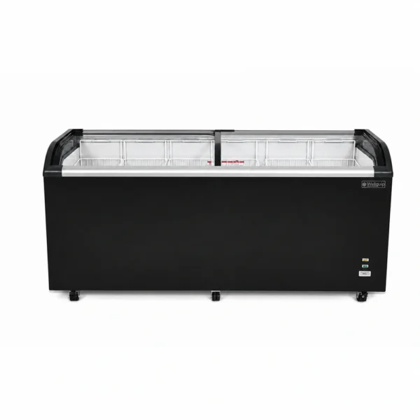 Energy-efficient glass display chest freezer with 620L capacity, LED lighting and curved sliding doors