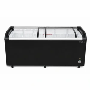 Energy-efficient glass display chest freezer with 620L capacity, LED lighting and curved sliding doors