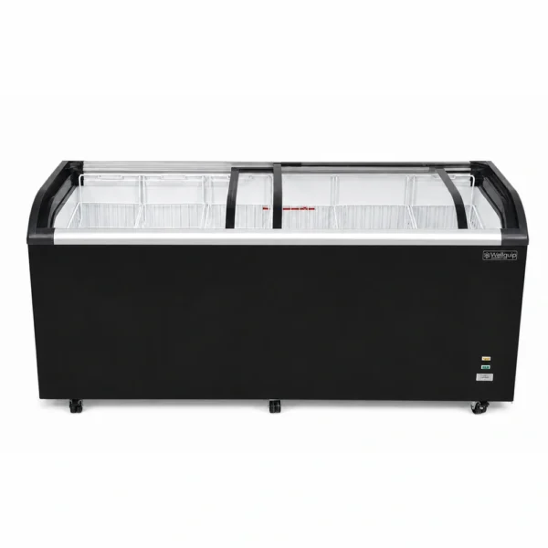 Energy-efficient glass display chest freezer with 620L capacity, LED lighting and curved sliding doors