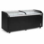 Energy-efficient glass display chest freezer with 720L capacity, LED lighting and curved sliding doors