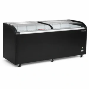 Energy-efficient glass display chest freezer with 720L capacity, LED lighting and curved sliding doors