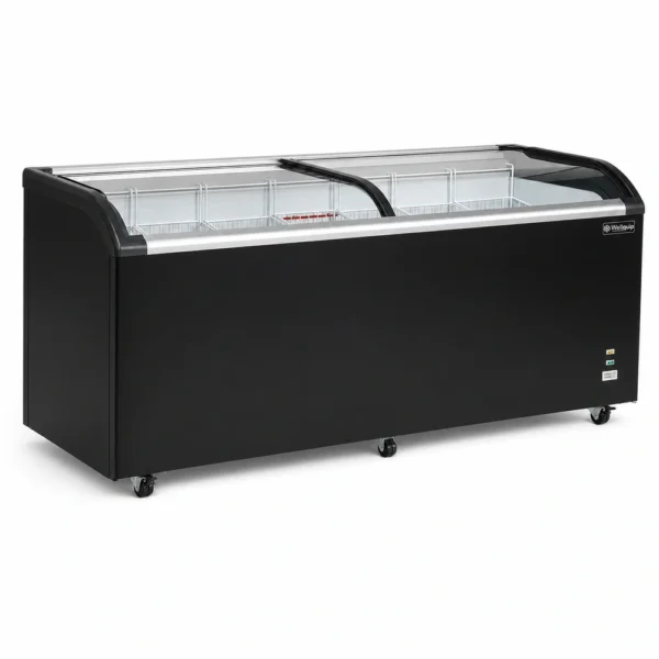 Energy-efficient glass display chest freezer with 720L capacity, LED lighting and curved sliding doors