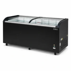 Energy-efficient glass display chest freezer with 720L capacity, LED lighting and curved sliding doors