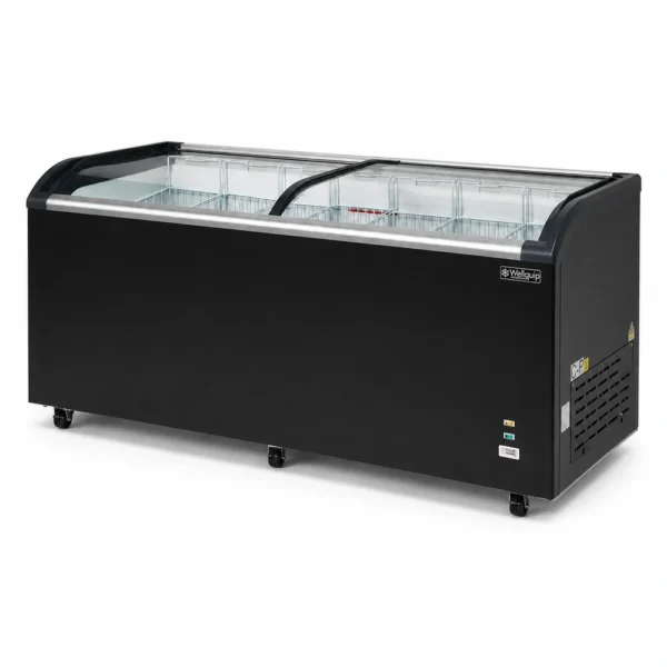 Energy-efficient glass display chest freezer with 720L capacity, LED lighting and curved sliding doors