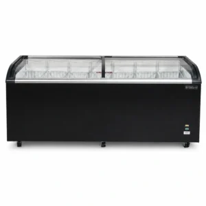 Energy-efficient glass display chest freezer with 720L capacity, LED lighting and curved sliding doors